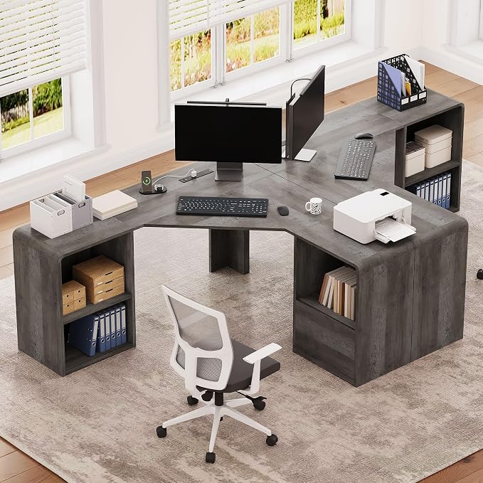 Computer Desk, Grey | Corner Desk w/ Fluted Storage, Sliding Doors, Drawers & 4AC+USB-C. Reversible Fits Any Room Layout For Home Office