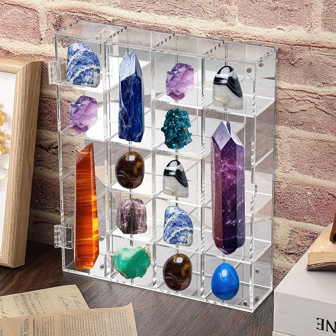 Cinnvoice Rock Display Case 20 Grids,Transparent Border, Square | Adjustable Acrylic Display Case, Crystal Organizer for Collectible, with Built-in Mirrored, Magnetic Door, Wall Mount