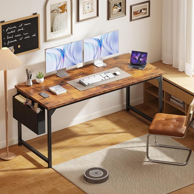 OLIXIS Computer Desk, 63 Inch Gaming Desks for Home Office Small Spaces | Writing Study Craft Work Table, Computer Workstation for Bedroom with Storage Bag, Rustic Brown