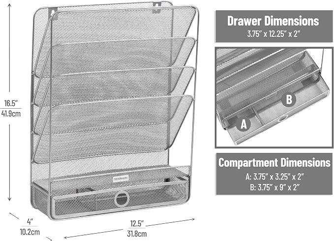 Mind Reader 4-Tier Vertical File Storage, Desktop Organizer, Wall Mount, Office, Metal Mesh, 12.5"L x 4"W x 16.5"H, Silver