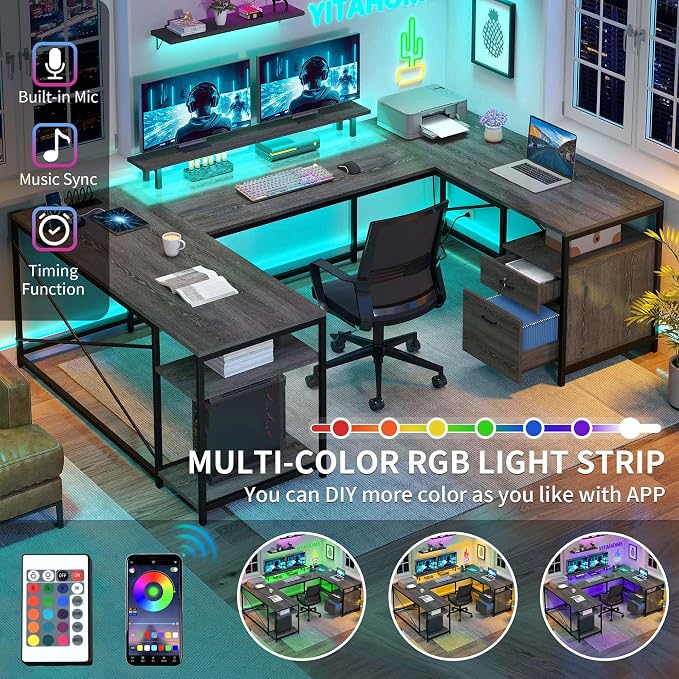 YITAHOME U Shaped Desk with Power Outlets & LED Lights, 79" Reversible L Shaped Desk with Drawers, Corner Computer Desk Office Desks with Monitor Stand & Storage Shelves, Grey