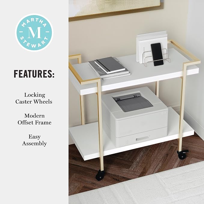 Martha Stewart Liam 2-Tier Mobile Office Storage and Printer Cart, White | Polished Brass Frame