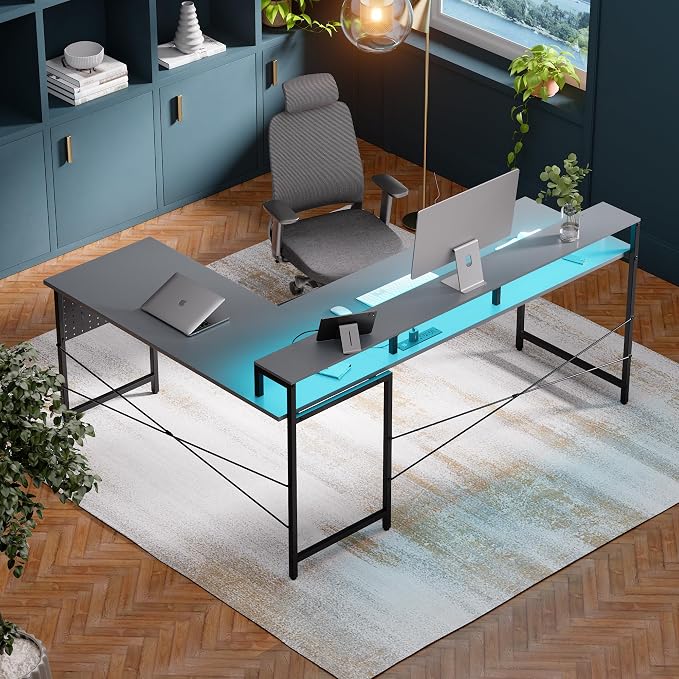 Pamray 64 Inch L Shaped Gaming Desk with Monitor Stand and Power Outlets | Large Corner Computer Desk With Pegboard & Led Lights USB Charging Ports for Home Office Study and Writing Bedroom and Dorms