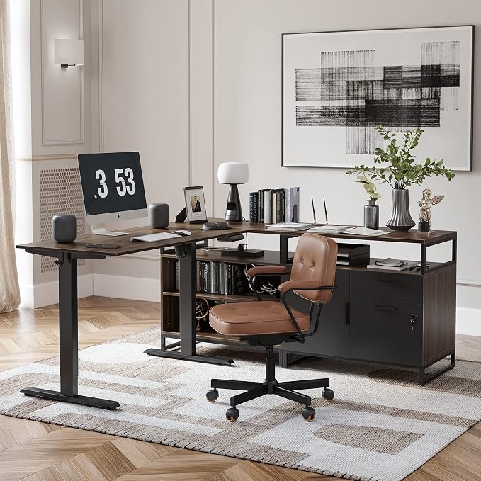 BANTI 66 Inches L Shaped Standing Desk with Drawers & Shelves, Executive Desk Adjustable Height Desk, Desk with Storage, Black Walnut Top/Black Frame