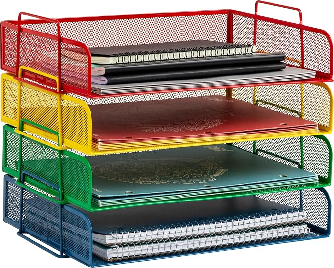 Mind Reader Stackable Paper Tray, Classroom Organizer, File Storage, Teachers, Metal Mesh, 4 Pcs., Multi-Colored