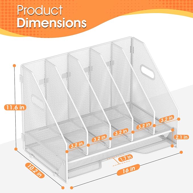 5 Vertical Mesh Desk Organizer with Paper Letter Tray, White | Sorting racks with lower letter tray section. Multipurpose mesh desktop space saver for home office and school
