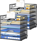 Daltack 6-Tier Paper Organizer for Desk with Handle, Black, 2 Pack | Sturdy Metal Mesh Organizer with Movable Middle Trays and a Carry Handle for Papers, Folders and Office Supplies