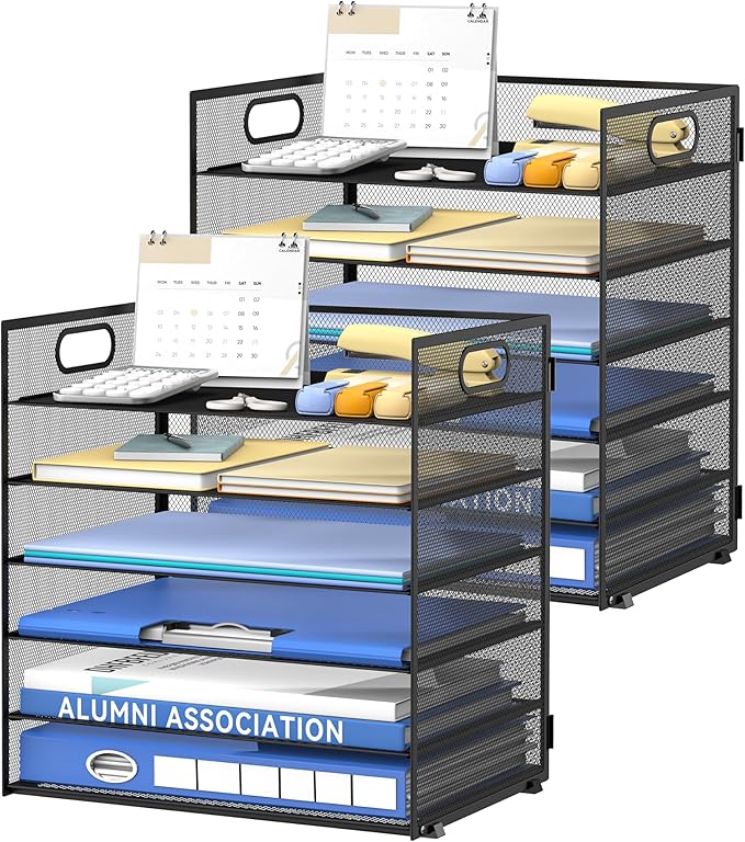 Daltack 6-Tier Paper Organizer for Desk with Handle, Black, 2 Pack | Sturdy Metal Mesh Organizer with Movable Middle Trays and a Carry Handle for Papers, Folders and Office Supplies