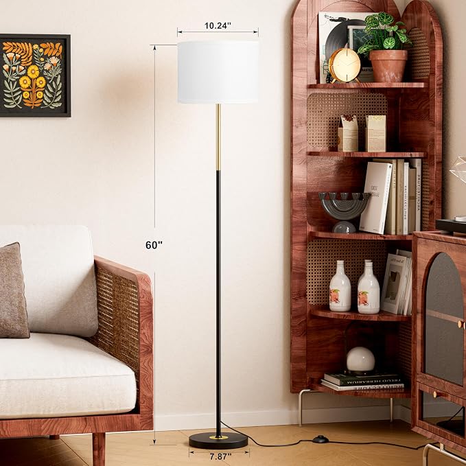 60'' Modern Floor Lamp with Shade, Tall Lamps for Living Room, Bedroom, Office, Dining Room, Gold & Black Lamp Pole(Without Bulb)
