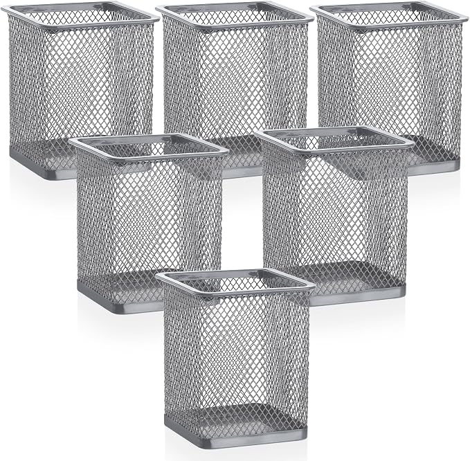 Segarty Pen Cup Holder, 6 Pack Square Silver Pen Holder for Desk, Multifuntional Mesh Pencil Cups Containers for Marker, Office Supplies, School Students, Home Desktop, Brush Organizer