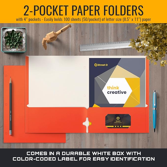 Better Office Products Two Pocket Portfolio Folders, 50-Pack, Orange, Letter Size Paper Folders, 50 Pieces, Orange