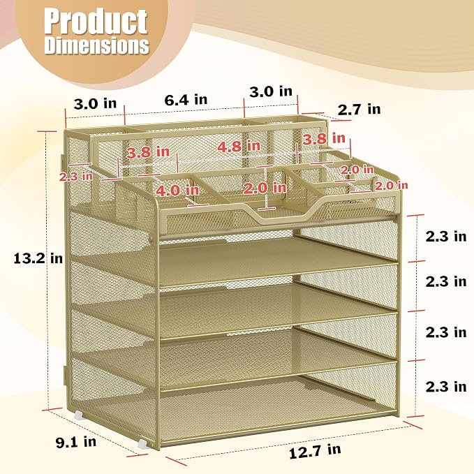 Docnest 5 Tier Mesh Desk Organizer with Letter Tray & Paper Sorter, Gold | Features 3 built-in pen holders & 5 adjustable compartments on top. Includes 4 non-slip rubber feet for desk protection