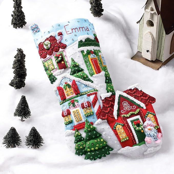 Bucilla Felt Applique 18" Stocking Making Kit, Christmas Town, Perfect for DIY Arts and Crafts, 89528E
