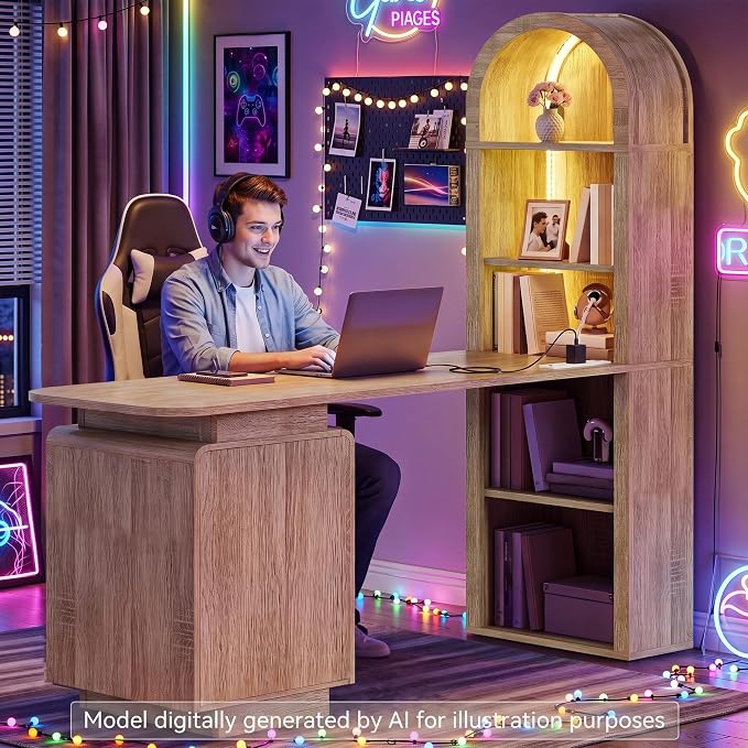 YITAHOME 59" Computer Desk, Oak | LED Lights & Power Outlets, Bookshelf, File Drawer & Storage Shelves, USB Ports