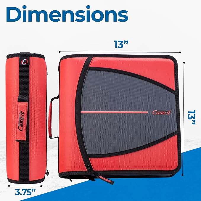 Case-it School Zipper Binder | 3-Inch O-Rings | 600-Sheet | D-146 Coral | Mighty Zip Tab, 5-Color Tab Expanding File Folder, Multiple Pockets, Shoulder Strap, Office