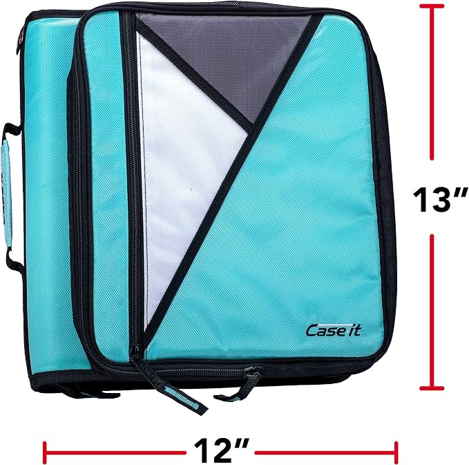Case-it School Zipper Binder | 2" O-Rings | 400-Sheet | LT-007 Mint Blue | Universal, 13-Inch Laptop/Tablet Padded Pocket, Multiple Storage Pockets, Shoulder Strap, School & Office Organizer