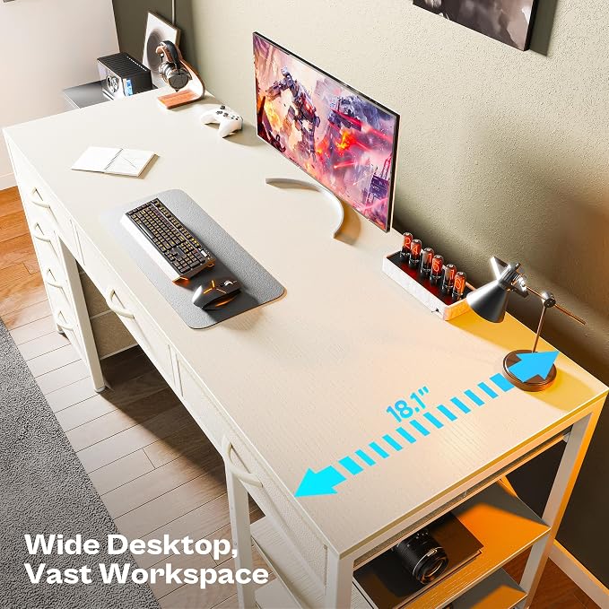 Huuger Computer Desk with 6 Drawers, Office Desk with Shelves, Reversible Gaming Desk, Corner Desk with Storage, Work for Home Office, Study, Living Room, 54inch, White