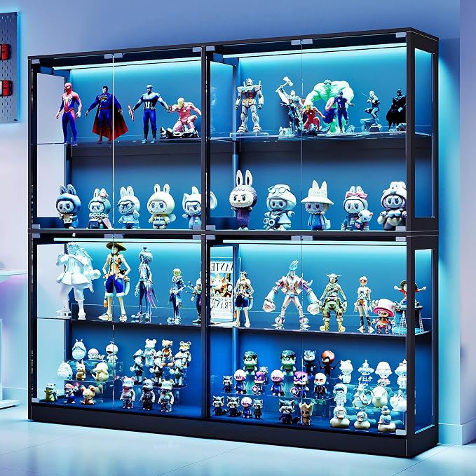 AMERLIFE 75-Inch RGB Display Cabinet with Glass Shelves | 70 H x 75 W x 16 D In, 4-Tier Storage, RGB LED Lights, Press-to-Open Doors, for Collectibles, Black
