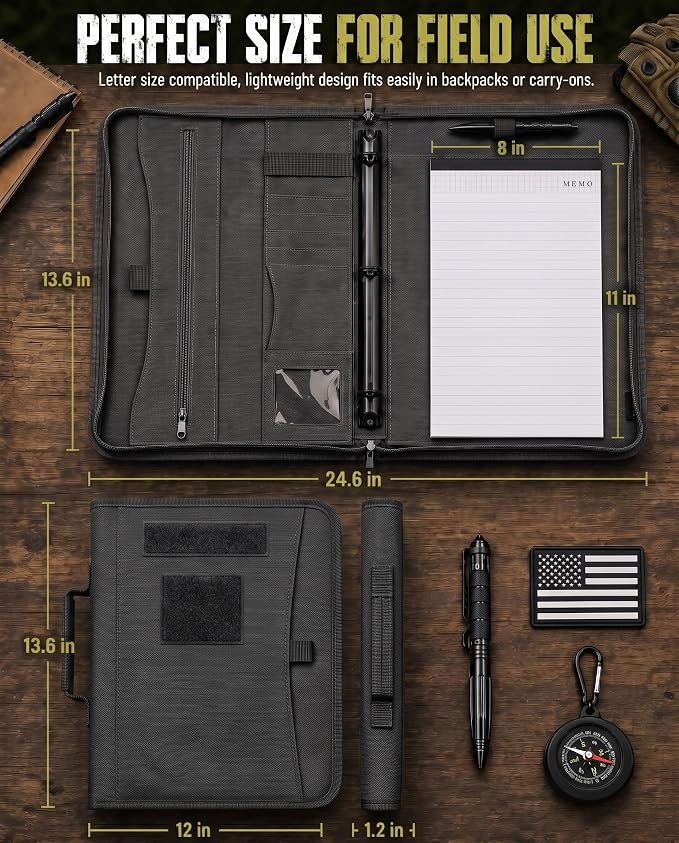 Tactical Padfolio, Detachable 3-Ring Binder with Zipper | Multi-pocket nylon organizer with carry handle, 40 letter-size sheets, pen and compass for field work, office and school