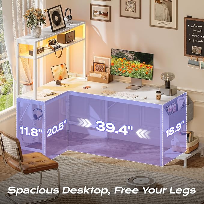 L Shaped Gaming Desk with LED Lights & Power Outlets | Reversible Computer Desk with Storage Shelves & Bag, Large Corner Home Office Desk with Pegboard for Work from Home, White