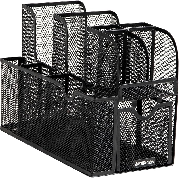 Mind Reader Countertop Organizer, Office Breakroom or Desktop Storage, 10-Compartment Caddy, Metal Mesh, Black