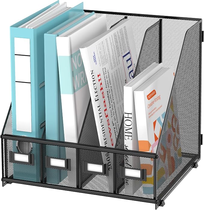 4-Compartment Magazine File Holder and File Organizer for Desk, Black | Metal Magazine Holder and Magazine File Holder, 4-Compartment File Organizer for Binders Folders Magazines and Paper