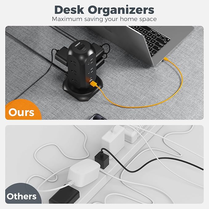 TESSAN Tower Power Strip Flat Plug with 1050J Surge Protection, 6 Ft, Black | 11 Outlets 3 USB (1 USB C), Surge Protector Power Tower, Extension Cord with Multiple Outlets, Dorm, Office Desk Supplies