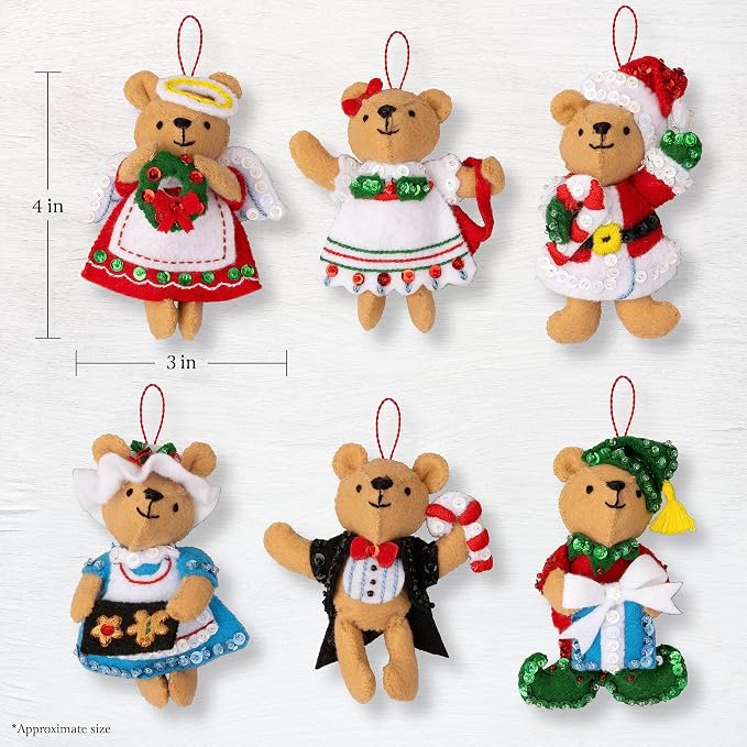 Bucilla Felt Applique 6 Piece Ornament Making Kit, Teddy Bear Traditions, Perfect for DIY Arts and Crafts, 89646E