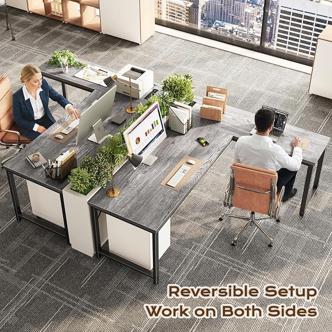 Huuger 63 Inch L Shaped Desk with Power Outlets & 0.95 Inch Thicker Desktop | Reversible Computer Desk, Larger Office Corner Gaming Desk, Metal Frame, for Home Office, Study, Grey