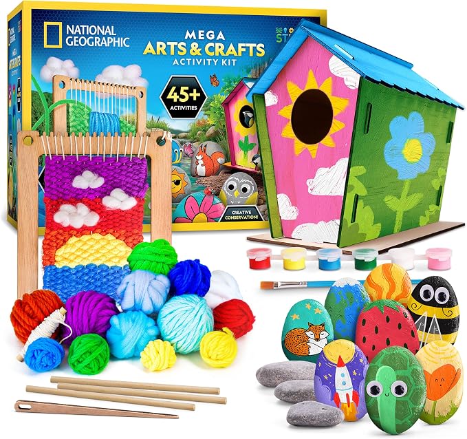 National Geographic Mega Arts and Crafts Activity Kit for Kids Ages 8-12 | Rock Painting, Weaving Loom for Kids & Birdhouse Craft, 3 Creative Projects, 25 Bonus Activities, Art Supplies, Birthday Gift