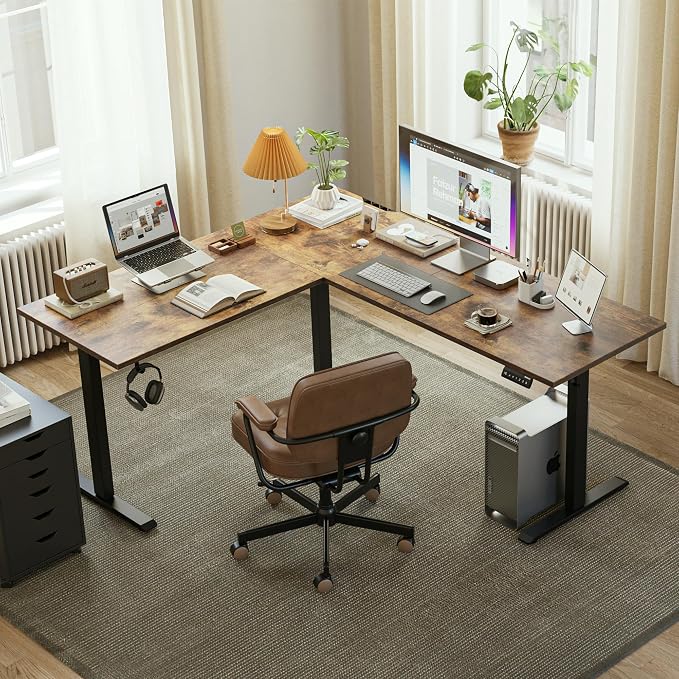 Agilestic 63 x 55 Inch L Shaped Electric Standing Desk, Rustic Brown | Corner Desk, Ample Workspace, Memory Presets, Hooks, Stable Steel Frame,176 lbs Capacity, Easy Assembly, Splice Board