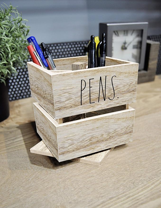 Rae Dunn Pencil Cup - Wooden Pen Holder Desktop Organizer - Small Rustic Wood Desk Top Caddy for Office Accessories and Supplies - Organization for Home, School, Classroom, Work - Square Light Wood
