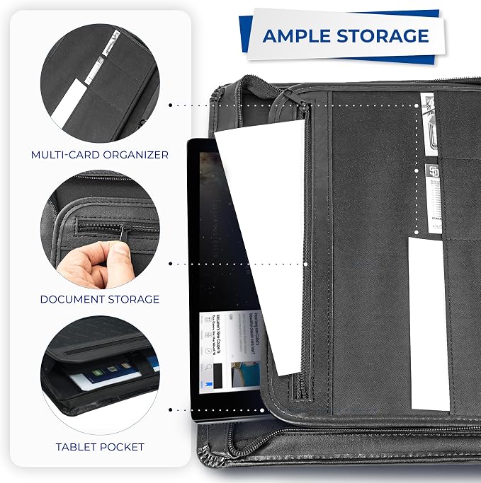 Samsill 15540 Regal Leather Padfolio Zipper 1 inch Ring Binder, Carry Handle, Interior 10.1 Inch Tablet Sleeve, Letter Size Writing Pad, Black