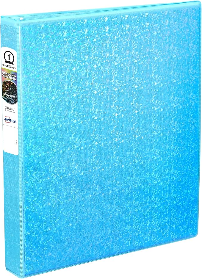 Avery Luxe Collection Durable Holographic 3 Ring Binder, Customizable View Cover, 1 Inch Round Rings, 1 Holographic Aqua Binder (03224) (Pack of 6)