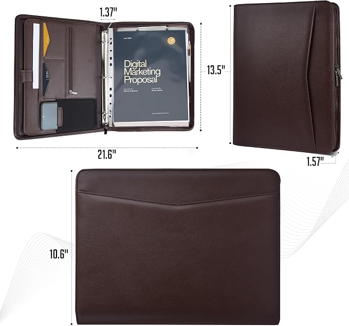STYLIO Zipper Portfolio | Padfolio 3 Ring Binder (1") and Clipboard Folio (Removable) | Portfolio Organizer for Documents, Tablet, Phone |Faux Leather Binder for Men and Women | Walnut (Brown) Color