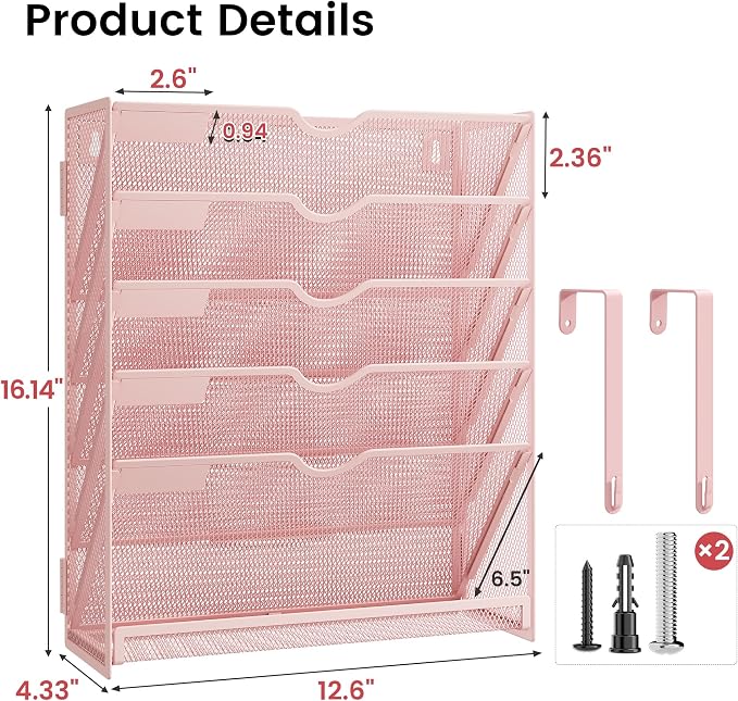 Pink Desk Organizer, Hanging Wall File Organizer with 6 Tiers | Metal Mesh Magazine & Mail Holder for Office Desk, Wall Mount Document Organizer for Home Decor