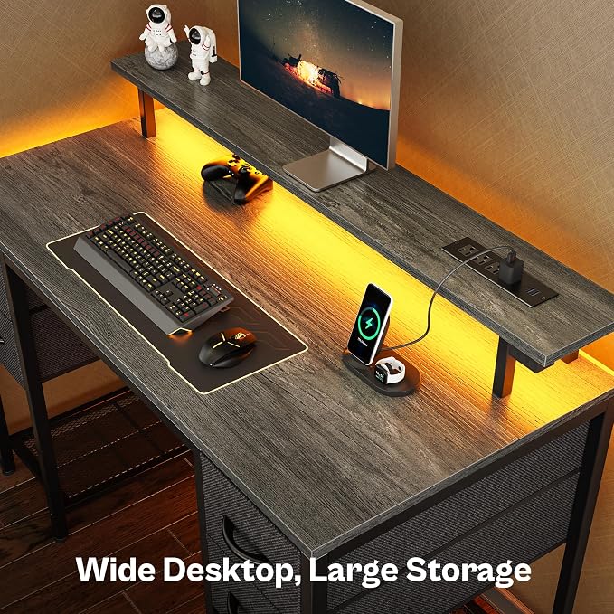 Huuger 47 inch Computer Desk with Power Outlets & 4 Drawers | Gaming Desk with LED Lights, Home Office Desk with Large Storage Space for Bedroom, Work from Home, Grey