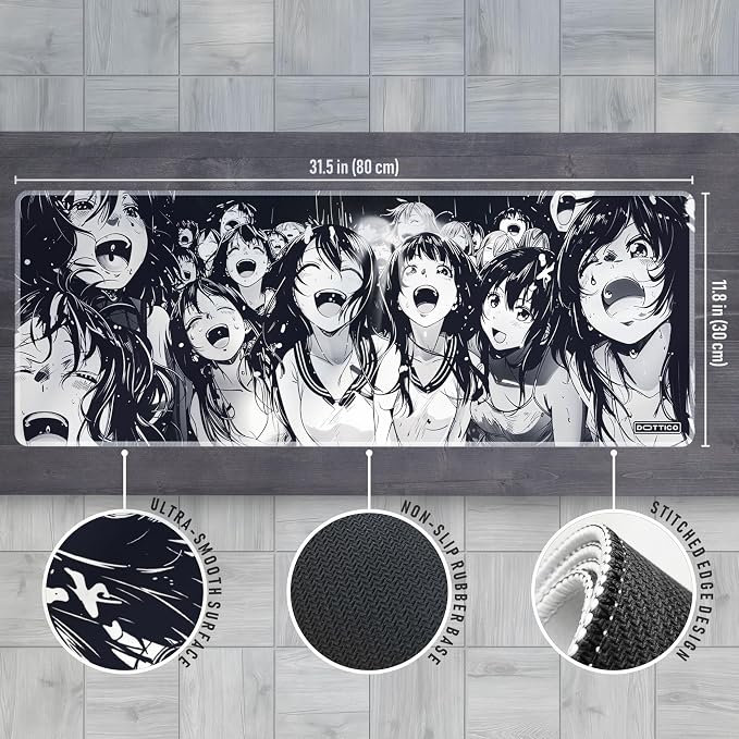 XL Black & White Manga Gaming Mouse Pad – Large Japanese Art Desk Mat for Keyboard & Mouse – Non-Slip Water-Resistant Surface, Stitched Edges – 31.5x11.8 in (X-Large)