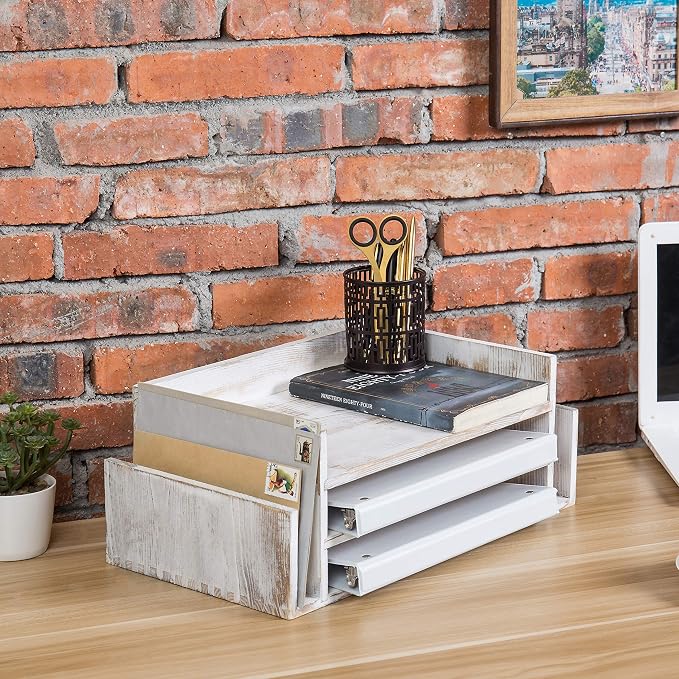 MyGift 3-Tier Desk Organizer & File Tray, Wood Letter Holder for Office, Farmhouse White Wood Desktop Document Organizer with Paper Storage