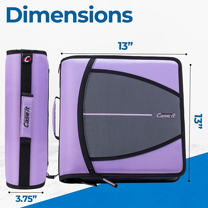 Case-it School Zipper Binder | 3-Inch O-Rings | 600-Sheet | D-146 Lavender | Mighty Zip Tab, 5-Subject Expanding File Folder, Multiple Pockets, Storage Organizer, Shoulder Strap, Office