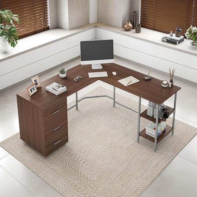 Techni Mobili L Shaped Desk - Two-Toned Computer Desks for Home Office with Storage Shelves & Cabinet - Simple Modern Furniture & Office Space Corner Table for Work & Writing - Grey & Walnut | 59" two‑tone L‑shaped desk with storage shelves, durable fr...