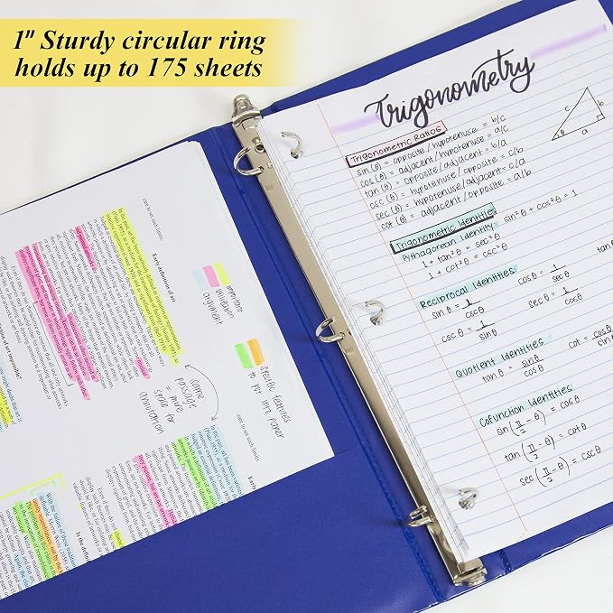 BAZIC Products 1" Color 3-Ring Binder, Round Ring, 2 Pockets, 4-Set | round rings, 1 in Assorted Color 3-ring binder, 2 inside pockets, holds up to 175 sheets, Durable poly cover