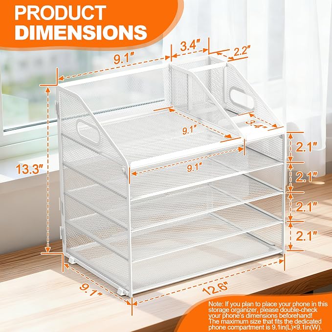DocNest 5 Tier Metal Mesh Desk File Organizer with Phone Shelf, White | Desktop letter tray sorter features a 9.1x9.1 inch top phone holder, built-in sticky note compartment and pen holder