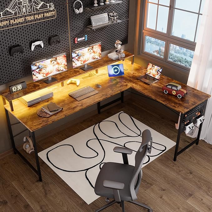 Pamray 64 Inch L Shaped Gaming Desk with Monitor Stand and Power Outlets | Large Corner Computer Desk With Pegboard & Led Lights USB Charging Ports for Home Office Study and Writing Bedroom and Dorms