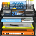 Docnest 4 Tier Mesh Desk Organizer with Letter Tray & Paper Sorter, Black | Features 3 built-in pen holders & 5 adjustable compartments on top. Includes 4 non-slip rubber feet for desk protection