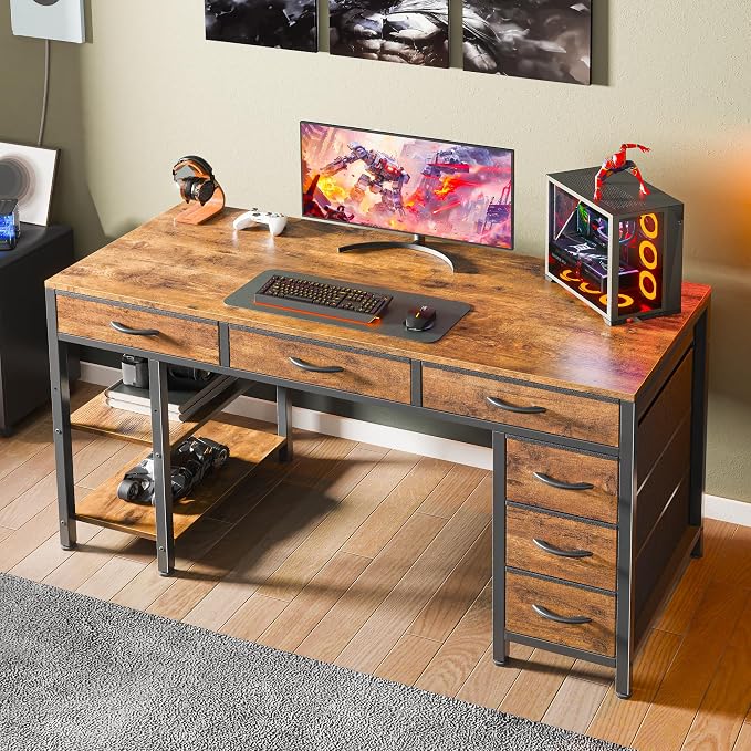 Huuger Computer Desk with 6 Drawers, Office Desk with Shelves, Reversible Gaming Desk, Corner Desk with Storage, Work for Home Office, Study, Living Room, 47inch, Rustic Brown