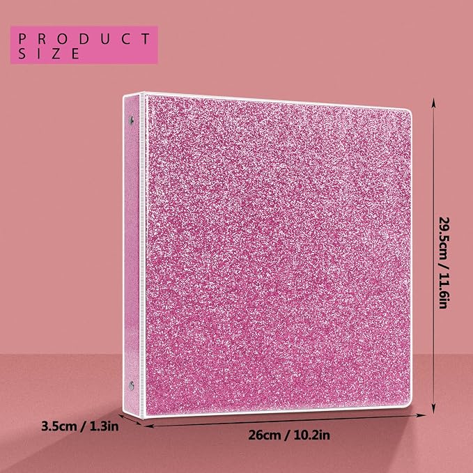 NatureTouch 3 Ring Binder, Glitter 1 Inch Organizer (10.5'' x 11.5'') Holds 8.5’’ x 11’’ Letter Size 300 Pages, Waterproof Durable View Binder, 2 Pack, Pink