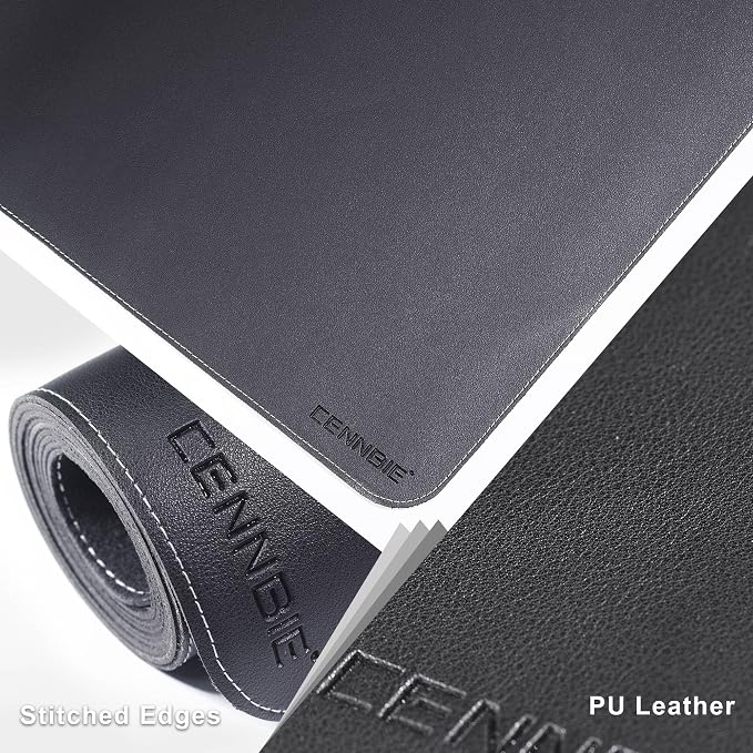 CENNBIE Leather Desk Mat Protector, 35.5" x 16" Office Desk Pad (Black) | Premium Stitched Edges Resist Wear. Waterproof, Non-Slip & Easy To Clean. Protects Desk From Scratches. For Office & Home.