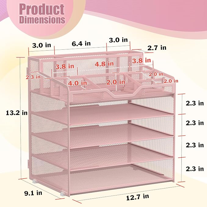 Docnest 5 Tier Mesh Desk Organizer with Letter Tray & Paper Sorter, Pink | Features 3 built-in pen holders & 5 adjustable compartments on top. Includes 4 non-slip rubber feet for desk protection