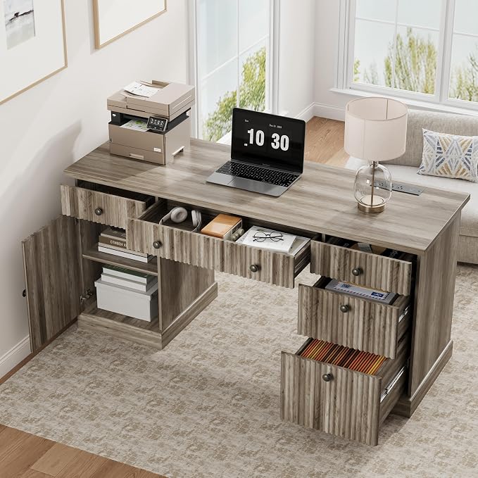 Garvee 60" Office Desk with Storage & Drawers for Home Office, Grey | Fluted Wood Executive Desk with File Drawer & Charging Station, Modern Computer Desk with Adjustable Shelves